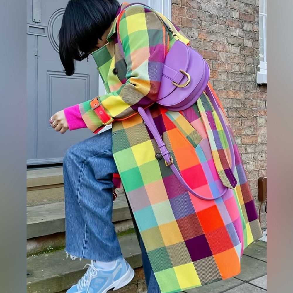 NEW $138 Rainbow Plaid Double-breasted Trench Coat - Picture 5 of 8